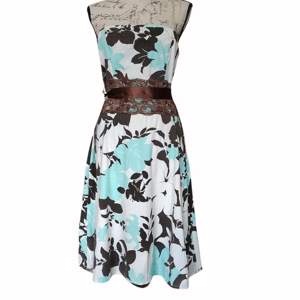 Trixxi Floral A-line‎ Strapless Knee Length Dress 10 Lace Blue Party Y2K Retro
